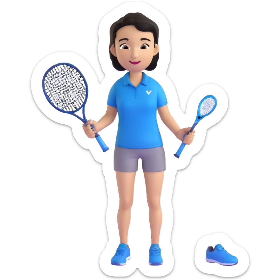 light brown skinned tennis coach, short straight black hair with widow's peak, oval face, small eyes, smiling, holding blue Yonex racket, wearing navy blue dry fit shirt sticker