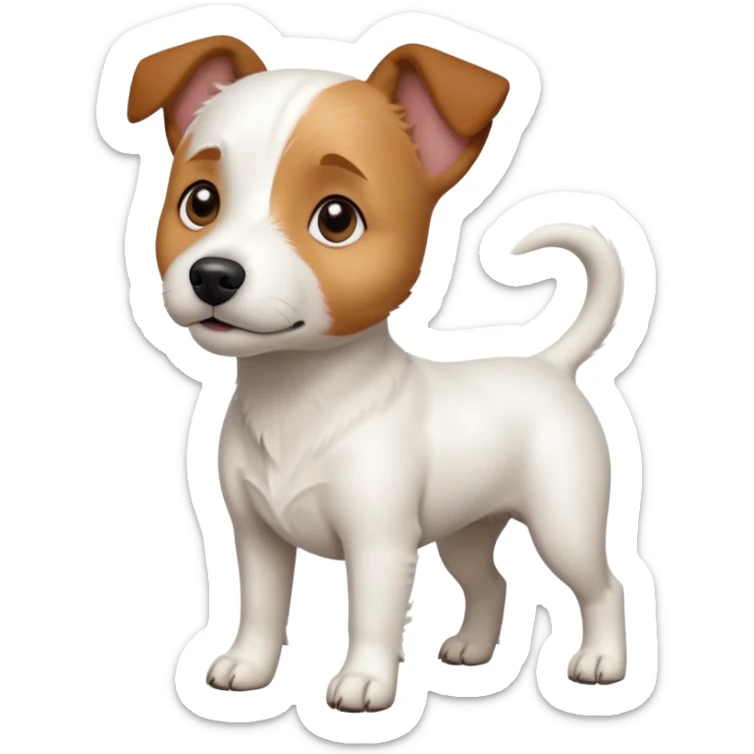 a full body white jack russel looking dog the size of a kelpie with light brown ears and a light brown patch on one eye and a large snout sticker