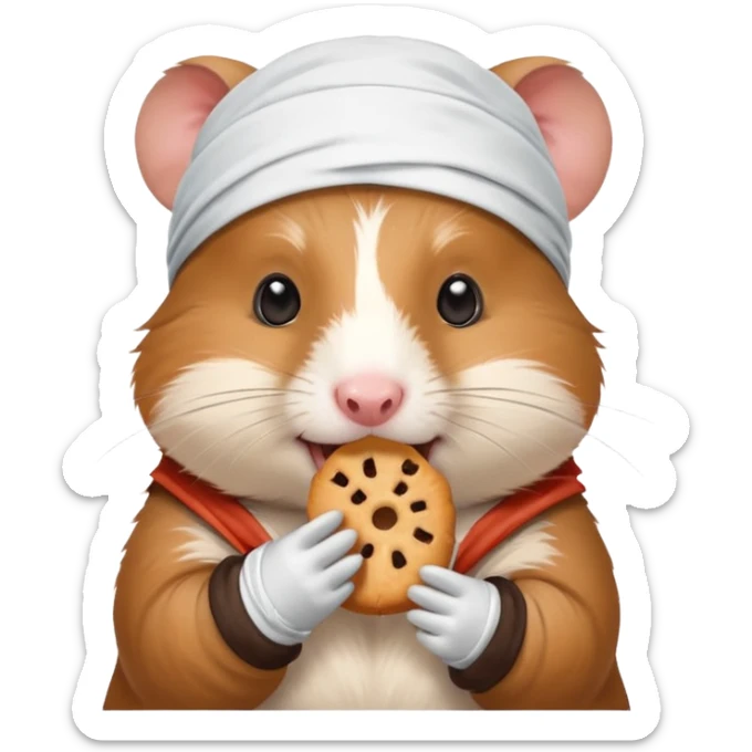A cheerful hamster patient with head bandage, nibbling a treat for comfort.
 sticker