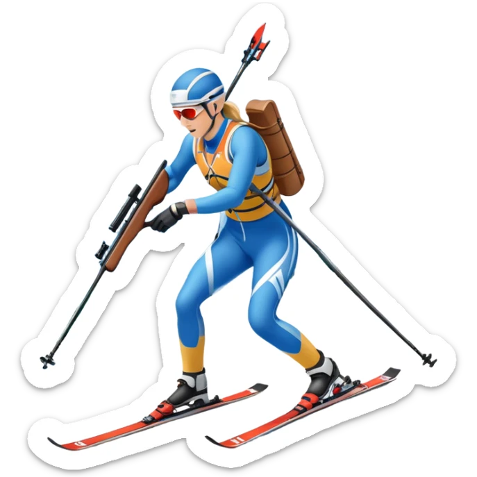 An icon featuring a biathlete in motion, holding a rifle and skiing across a snowy course. The backdrop includes snow-covered trees, distant mountains, and a clear blue sky. Transparent background highlights the precision, endurance, and excitement of biathlon. sticker
