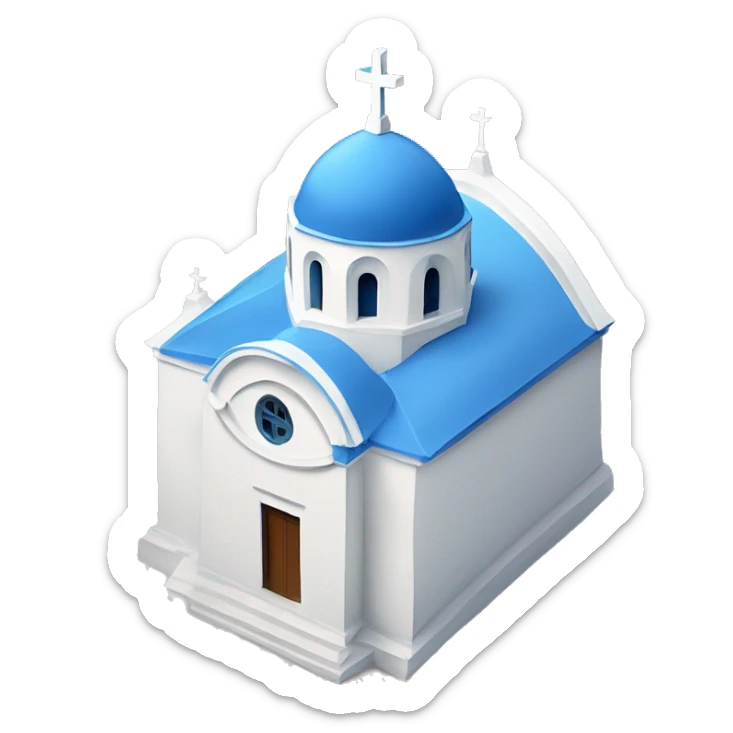 Typical Greece church building with white body and blue roof sticker