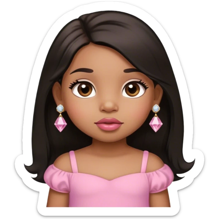 light brown skin tone, very adorable toddler, with big plump lips, long long lashes, black straight long hair, brown eyes, pink dress, diamond stud earrings sticker