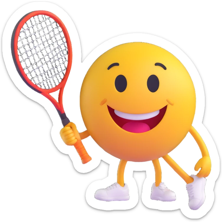 3D smiley emoji, round shape, with tennis racket and ball, sporty face sticker
