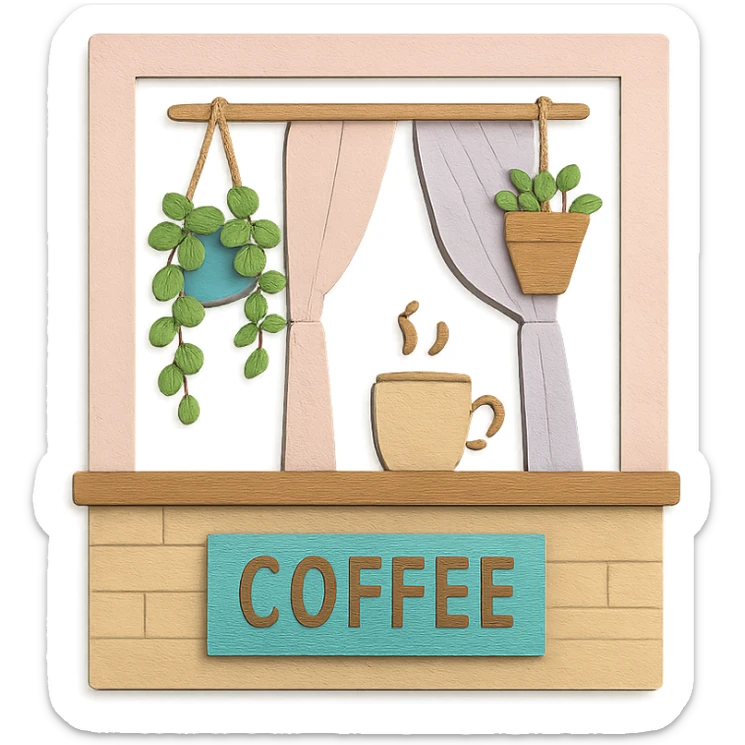 cute coffee shop window with hanging plants and pastel curtains, hand-drawn style sticker