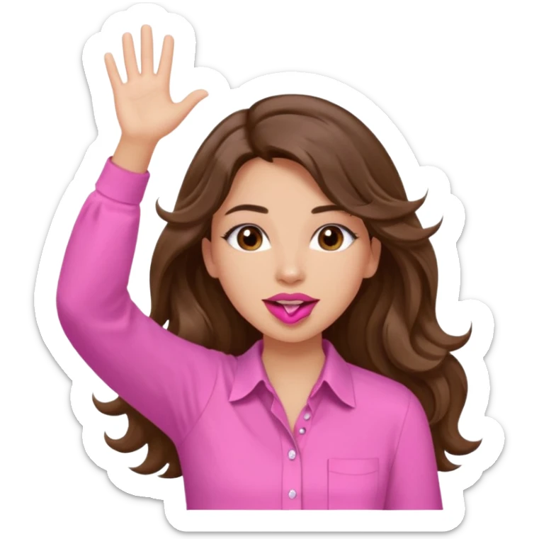 girl with long wavy brown hair, brown eyes, light to medium complexion, in a pink shirt, pink lips, long lashes, puckered lips, both hands all the way upin the air cheering sticker