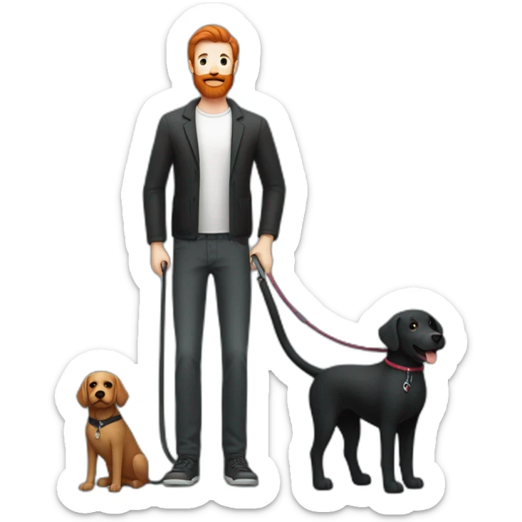 a slender man in a  sporting a red beard and wear casual outfit, standing next to a black Labrador dog, holding it on a leash sticker
