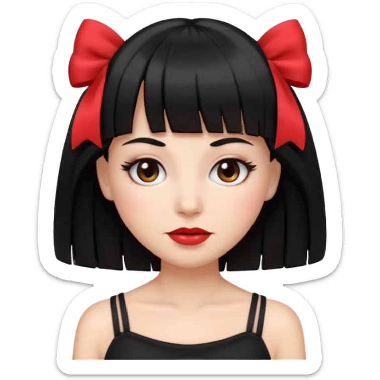 emoji feminino branca com cabelo longo, preto, liso e com franja. olhos castanhos. no rosto maquiagem com blush, cílios, delineador e batom vermelho. usando uma blusa preta com alças finas e um laço branco de cada lado sticker