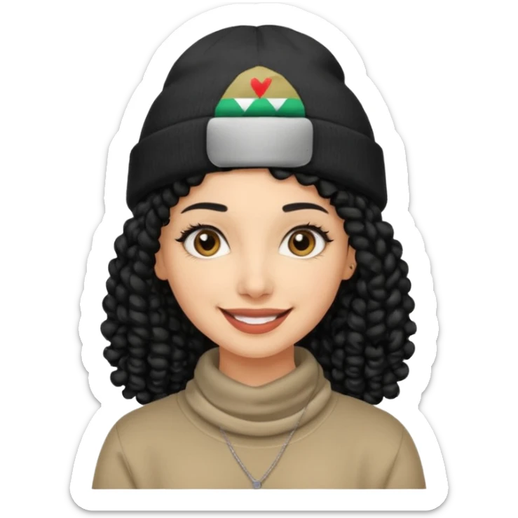 smiling arab hipster woman with curly hair and beanie sticker
