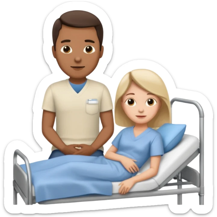 husband in plainclothes sitting beside hospital bed of wife sticker