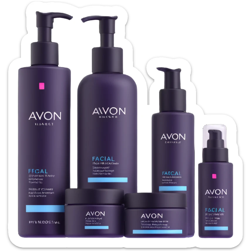 AVON skincare set with facial cleanser, toner, and moisturizer bottles sticker