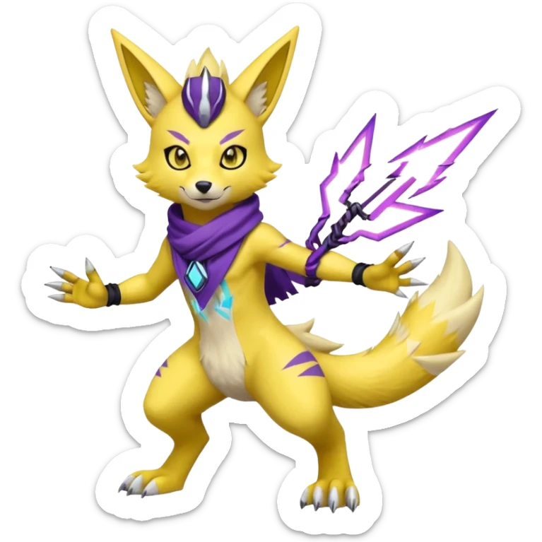 Furry Anthropomorphic Yellow Renamon-Zeraora-Toxtricity-Lombax-Pokémon-Digimon-Fakémon-fusion with purple lightning-bolt-markings, and facial markings, black bandanna scarf (full body) sticker