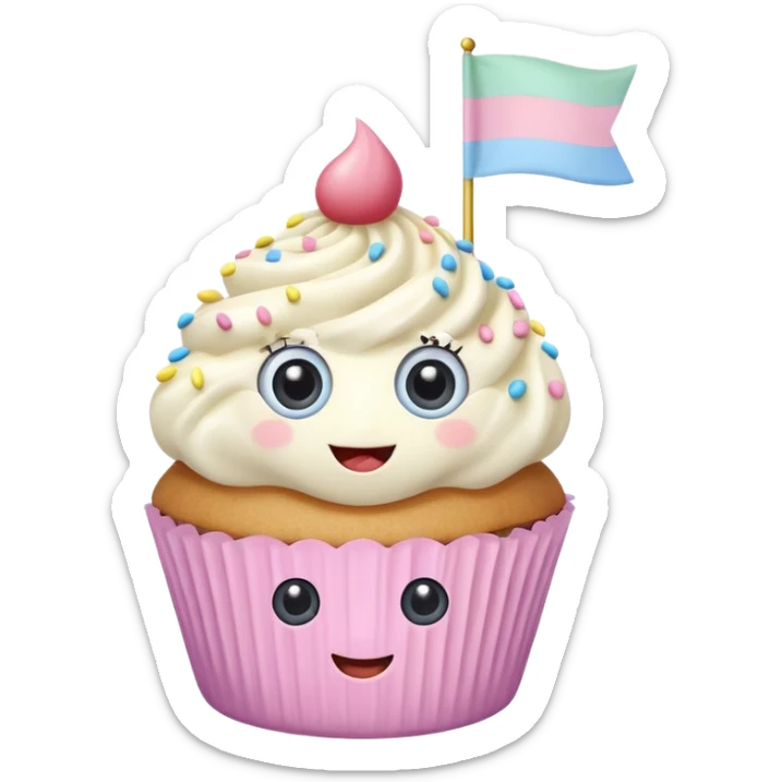 A pastel-colored cupcake with big eyes and a smile holding a flag that says ‘Sweetest girl ever! sticker