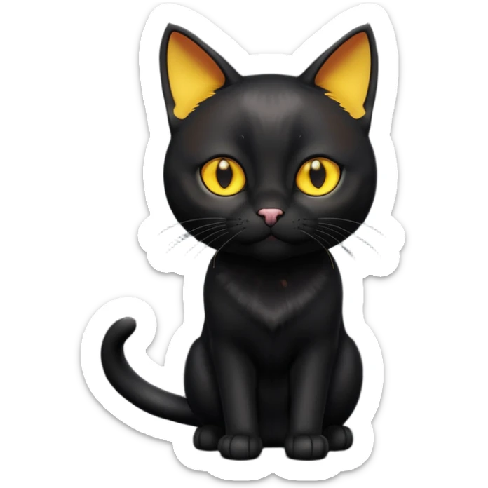 A 3D cartoon jet-black Bombay cat with glossy fur, bright golden eyes, dramatic contrast lighting, Memoji-style cinematic look. full body. sticker