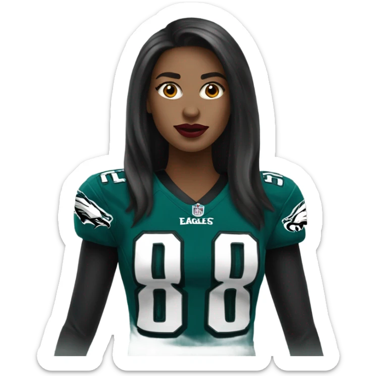 White female long dark hair red lips wearing Philadelphia Eagles jersey sticker