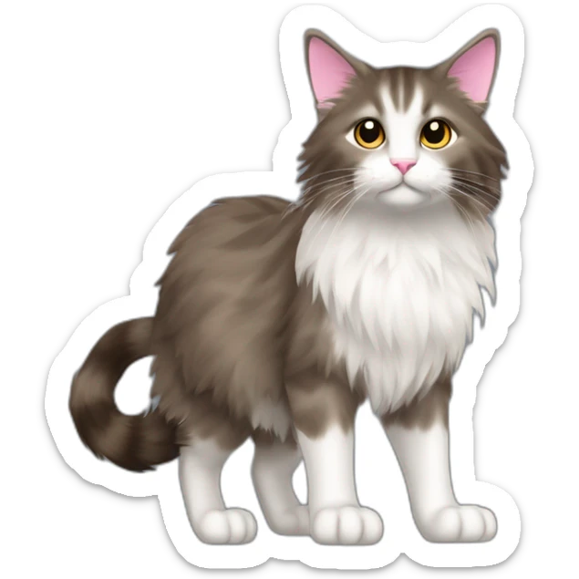 grey and brown norweigian forest cat walking profile furry bushy tail long whiskers furry and fluffy white front and back paws eyes a pink dark brown edged nose small triangular ears sticker