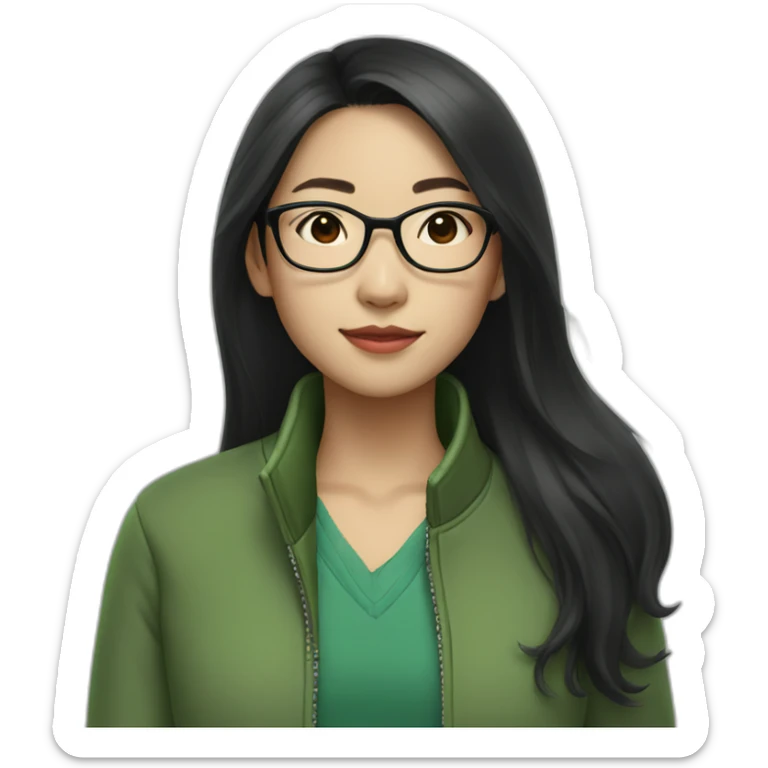 Asian girl with long black hair and glasses wearing green jacket sticker
