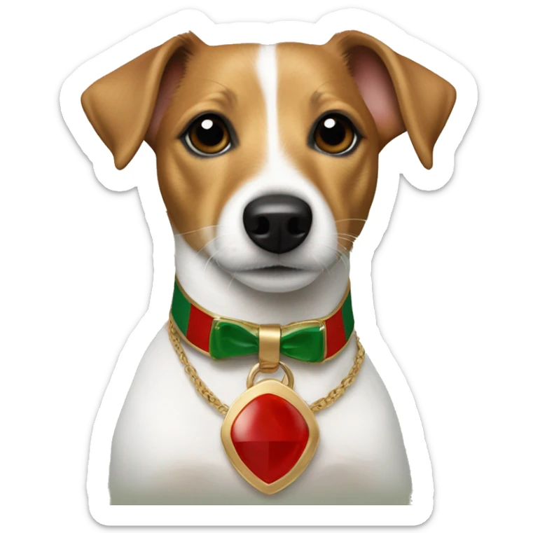 one year old jack russell terrier light brown wearing gucci gold green and red sticker