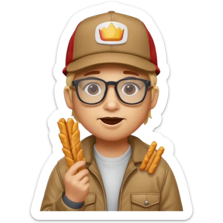 num num eatting hashbrown sticks with a trucking cap and glasses sticker