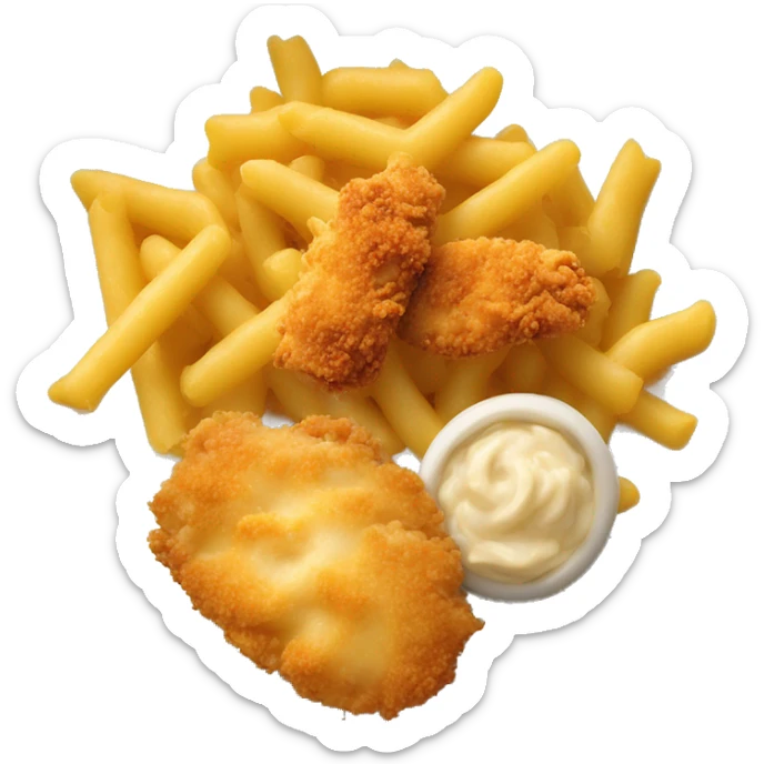 a baked dish of macaroni and cheese with a side of crispy chicken strips sticker
