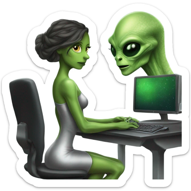Green Alien reptilian woman in silver dress, full figure, working at computer  sticker