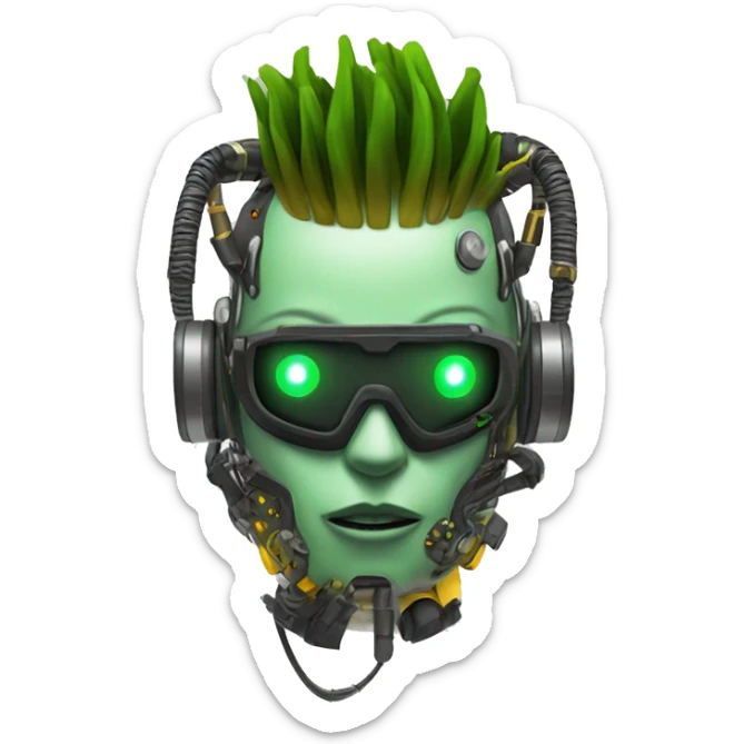 Green skin cyborg head with dark yellow Mohawk, white respirator mask and circuitry sticker