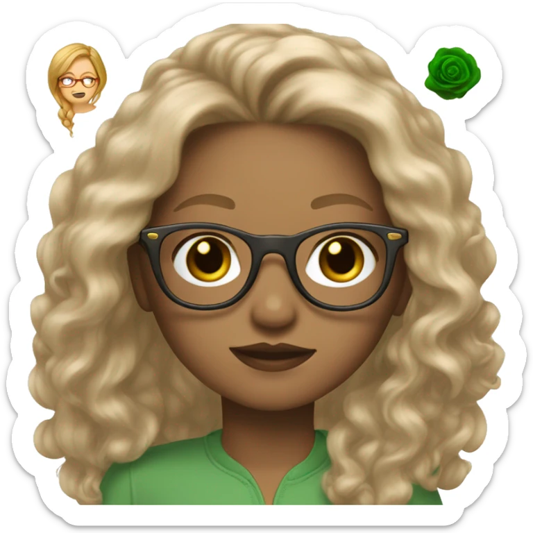 A girl with green eyes, dark blonde Long Hair, round Rosegold glasses, Long lashes, light skintone,  sticker