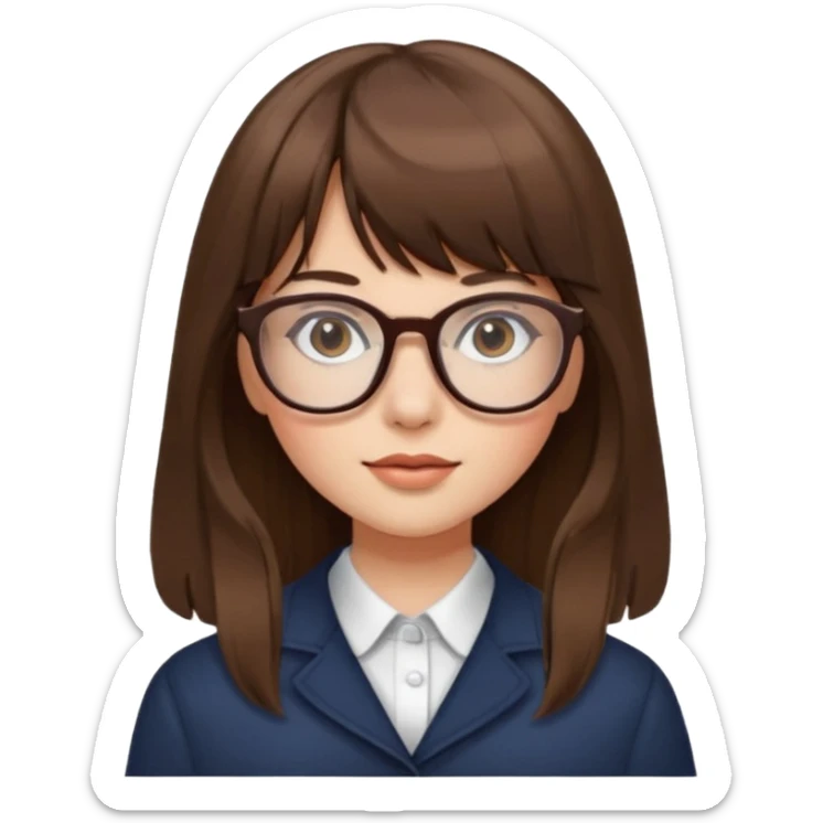 Una chica pelo largo con flequillo color marrón y gafas con estilo de periodista súper top sticker