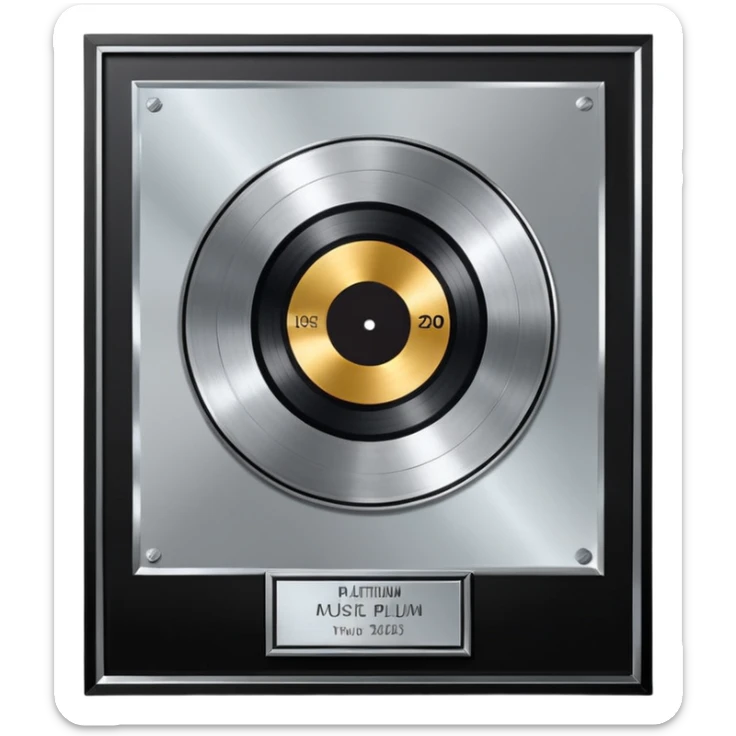 A platinum music award plaque: a square, polished platinum plate with a subtly textured, mirror-like finish, mounted on a simple dark metal base. The center features a relief of a or stylized vinyl record in a slightly darker metallic tone.  sticker