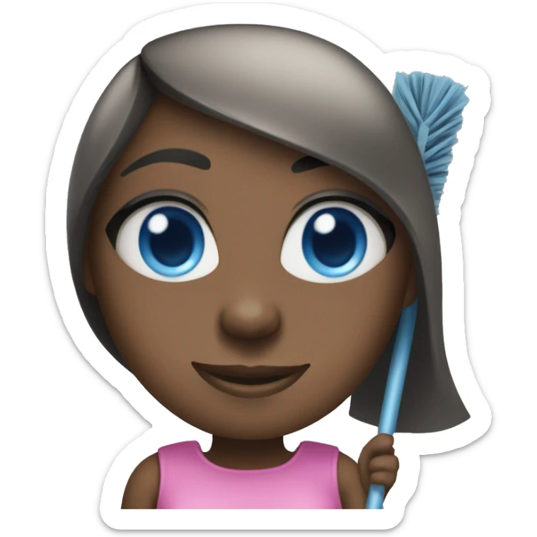 Black girl with straight black hair and blue eyes cleaning sticker