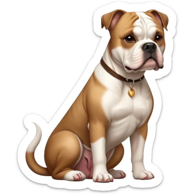 cinematic-[american bulldog]-realistic-full-body-sitting-emoji,-tail-resting-loosely-beside-its-paws,-head-tilted-dramatically,-sleek-[brown fawn]-fur,-simplified-yet-realistic-focused-features,-highly-detailed,-glowing-with-an-almost-sarcastic-glow sticker