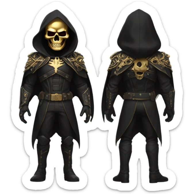 Bounty Hunter Boss with black cape and a perfect gold skull jaw mask from death Stranding, full body view sticker