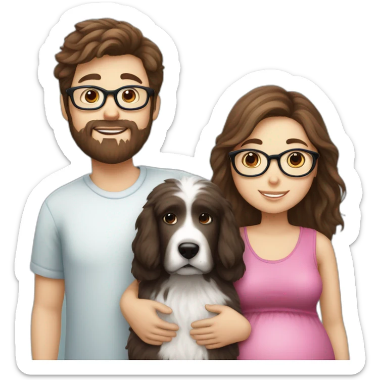 Pregnant girl with half long brown hair with glasses, a boy with long beard, glasses and short hair and english sheepdog sticker
