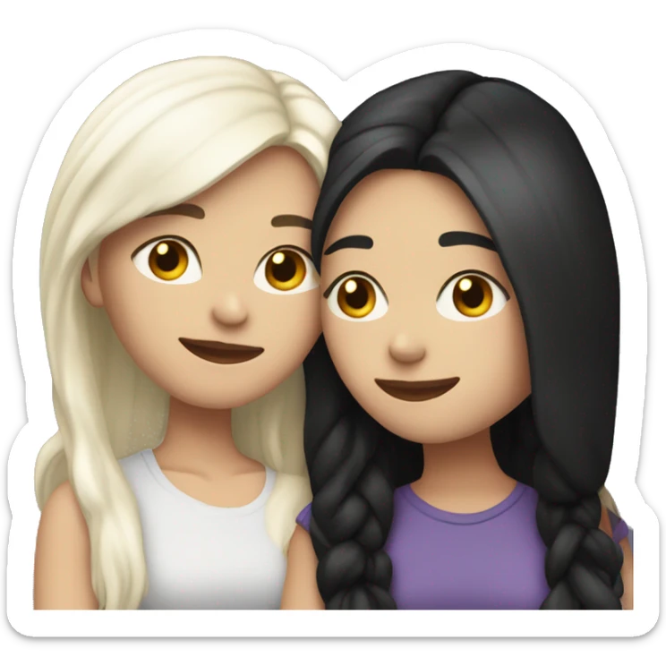 A lesbian couple with white skin and long black hair hugging intimately sticker