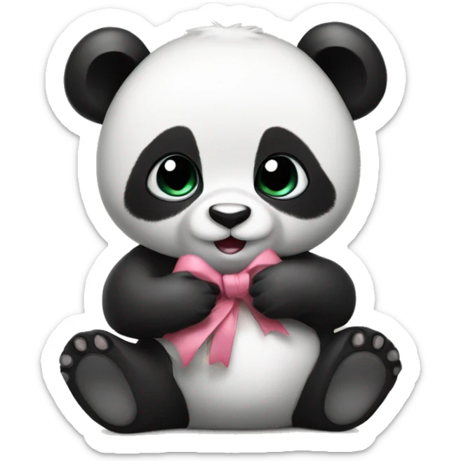 Baby Panda bear with a black little bow on chest holding a little toy  sticker