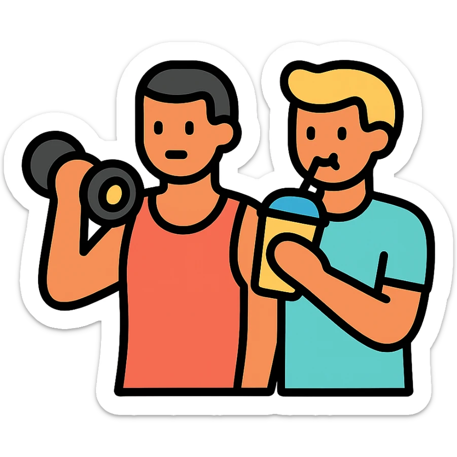 two gym buddies, one man working out, the other sipping a smoothie, icon style, simple and clear design sticker