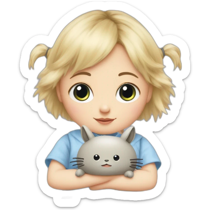bébé fille blonde décoiffée aux yeux bleus avec une peluche Totoro  sticker