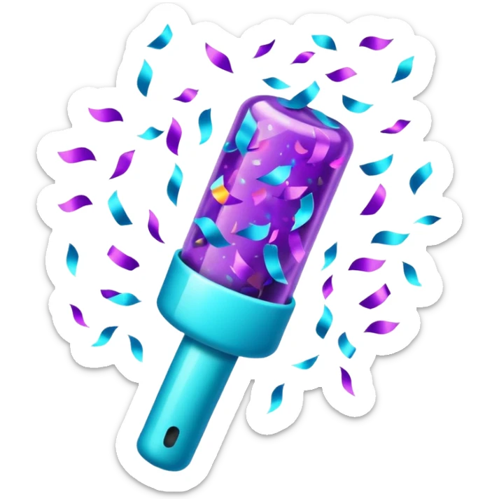 glowing confetti popper emoji, purple and cyan colors, emitting confetti and sparkles, vibrant celebration atmosphere sticker