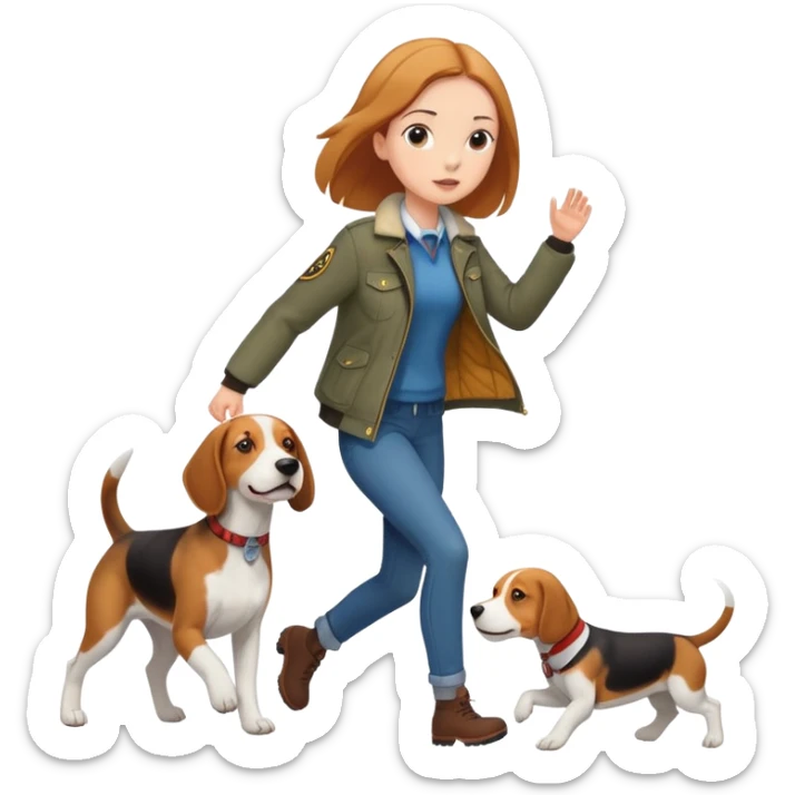 A beautiful tall girl with fair skin wearing a jacket chasing a beagle sticker