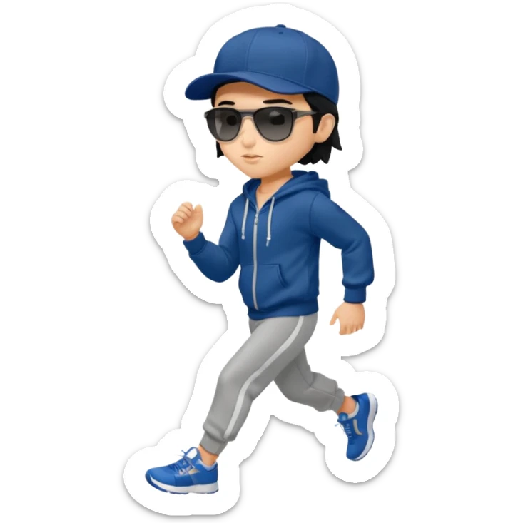 generate a fair pretty bratz boy wearing a dark blue baseball cap with black sunglasses and a grey hoodie jogging

hair black  sticker