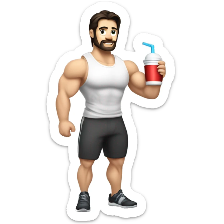 caucasian white muscled guy dark hair drinking a protein shake, goes to the gym everyday and works in tech sticker