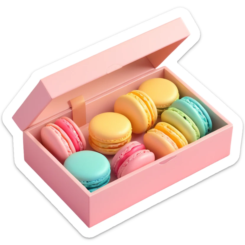 elegant box of macarons, pastel colors, iOS 3D emoji style, realistic reflections, soft shadows, modern and minimalistic design sticker