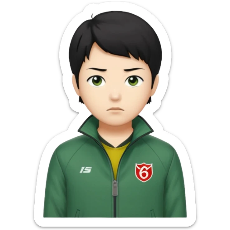 Create a realistic portrait of Kang Sae-byeok (Player 067) with short black hair, green jacket & serious look. sticker