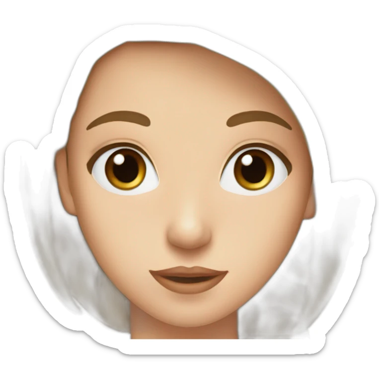 young woman with long brown hair, blue almond-shaped eyes, thin eyebrows and earring sticker