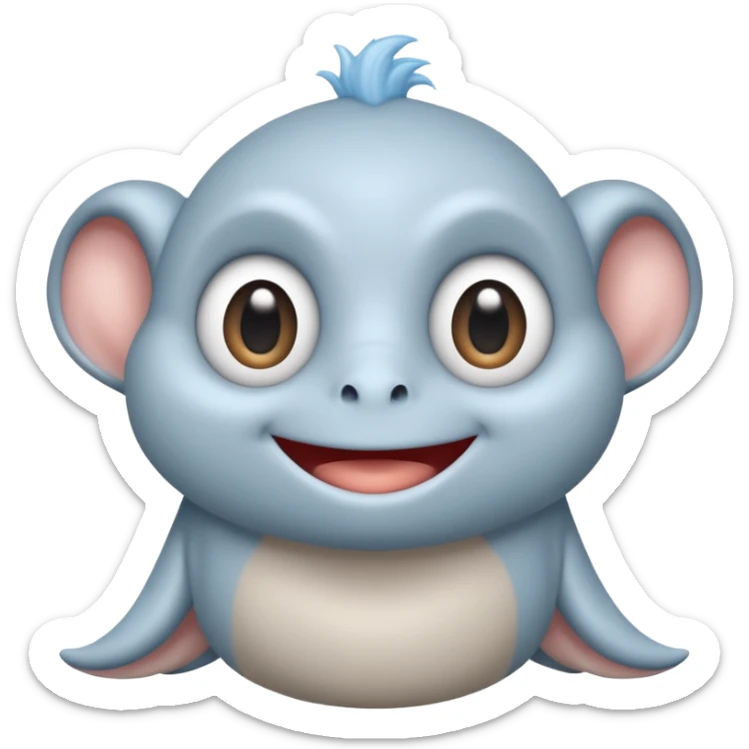 No head..it has 1 eye....stands upright ...wears clothing. is light grey and light blue..looks happy and cuddly... doesnt have a full head.... there is a appendage coming out of top of body with a single large eye sticker