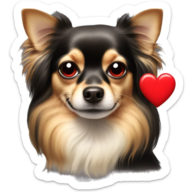 black and tan long-haired chihuahua with red heart covering each eye  sticker