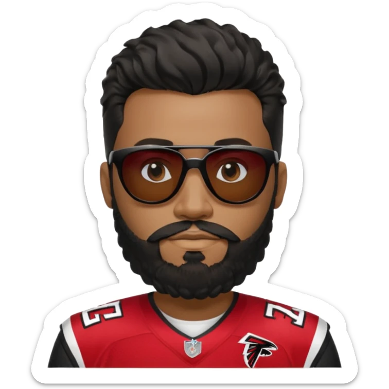 Black man with black sunglasses and wavy
 hair with a full beard and sideburns in Atlanta falcons jersey sticker