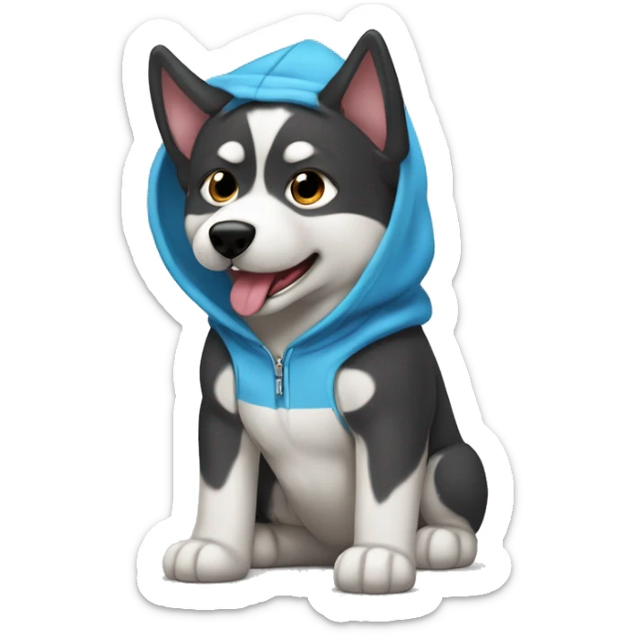 Un perrito husky con un hoodie y el perrito está sacando la lengua  sticker