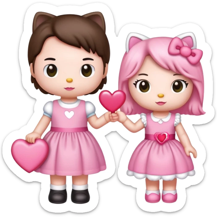 Hello kitty wearing a pink dress and dear Daniel holding a pink heart sticker