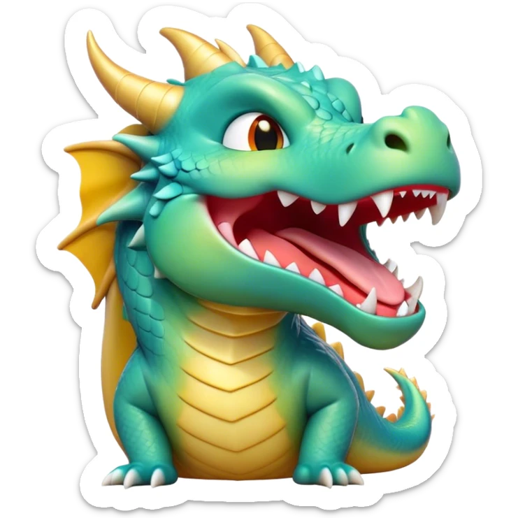 Cinematic Cute Yawning Dragon Portrait Emoji, Head tilted slightly with a dramatic, wide-open yawn, showcasing a soft, lustrous scaled body with gently drooping fins and half-closed, drowsy eyes, each scale rendered in exquisite detail under natural light; high shine, relaxed yet expressive, styled with a dash of fantastical charm, soft glowing outline, capturing the essence of a sleepy yet affectionate dragon that appears ready to stretch out and rest in its enchanted lair! sticker