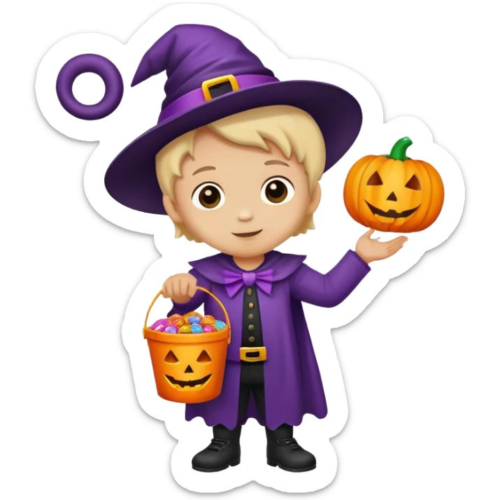 child trick-or-treating in a Halloween costume, holding a candy bucket sticker